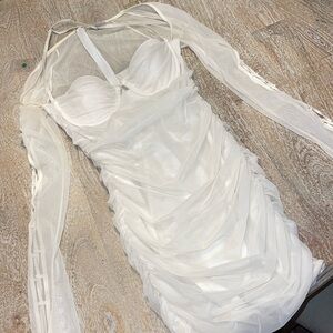 Oh Polly Off The Shoulder Mini Dress in Ivory